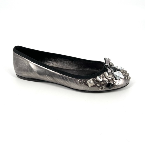 Prada Ballet Flats Womens Size 5 Silver Black Metallic Studded Crystals Shoes - Picture 1 of 12